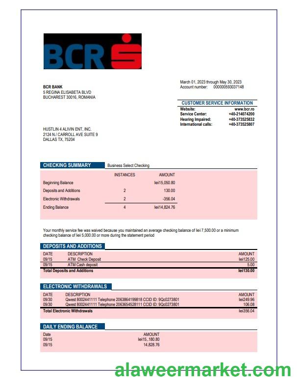 BCR Bank company checking account statement Word and PDF template